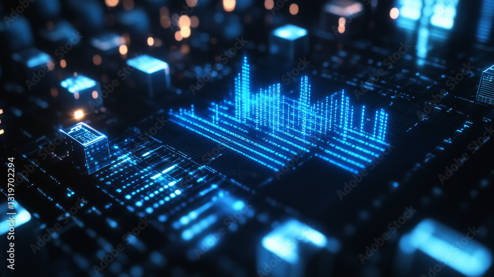 Poster a digitally generated image of a glowing blue pixel audio level meter set against rotating cubes in 