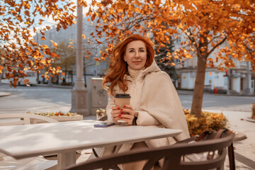 Woman Coffee Autumn: Outdoor Cafe, Fall Season, Relaxing Enjoyment