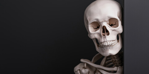 A skeleton is peeking out from behind a black background. The skeleton is looking at the camera, and the mood of the image is eerie and mysterious