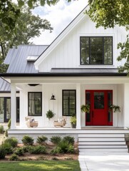 elegant white modern farmhouse exterior with vibrant red front door and black accents covered porch