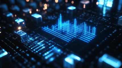 A digitally generated image of a glowing blue pixel audio level meter set against rotating cubes in a dark background, highlighting concepts of connection, data, sound, and digital communication