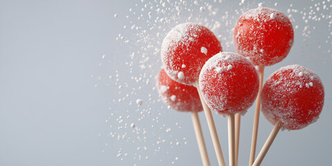 A bunch of red and white candies with white powder on them. The candies are on sticks and are arranged in a row