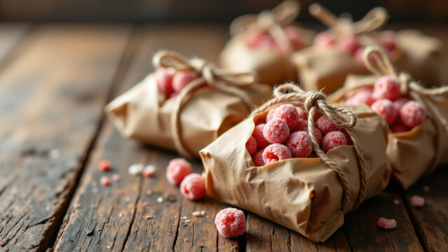 Colorful dye-free candy packaged in brown bags tied with string, scattered on a wooden surface with crumbs.