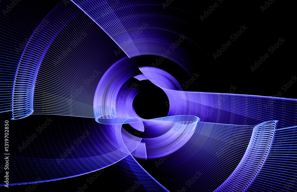 Poster blue curved abstract striped blades in the shape of curls on a black background. close-up. abstract 