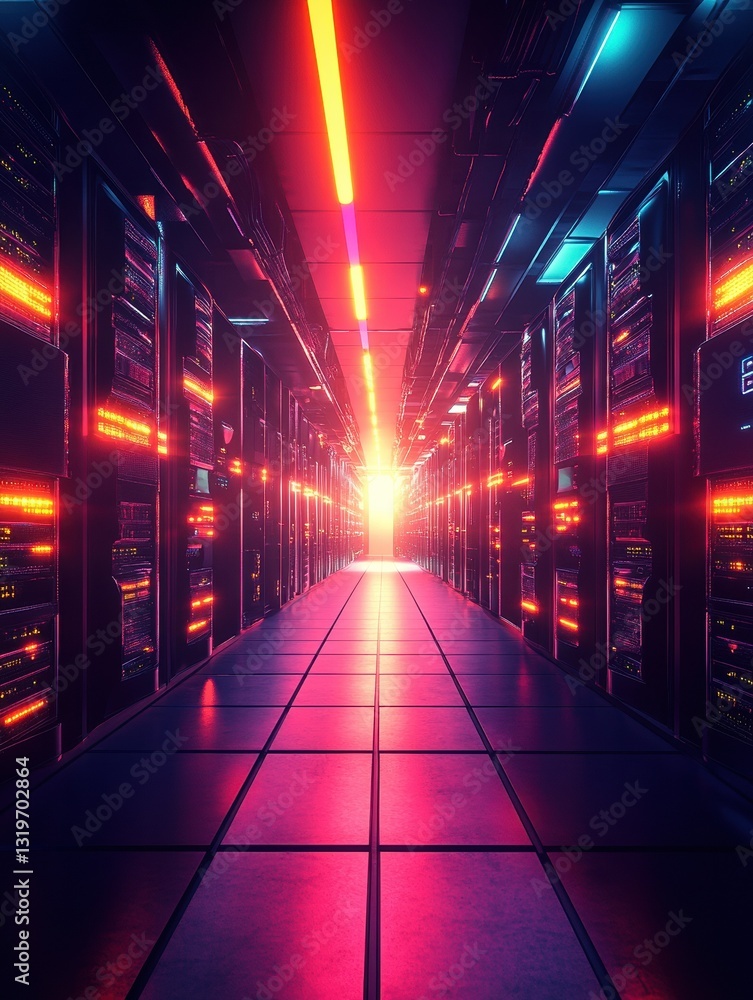 Poster futuristic server room with rows of servers, bright lighting, and clean design. spacious environment