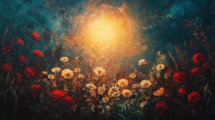 Obraz premium Vibrant floral landscape with bright sun in oil painting style
