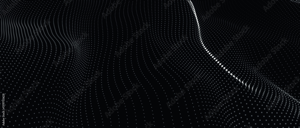 Poster futuristic dot wave. abstract digital particle wave. black and white music wave. dark background. di