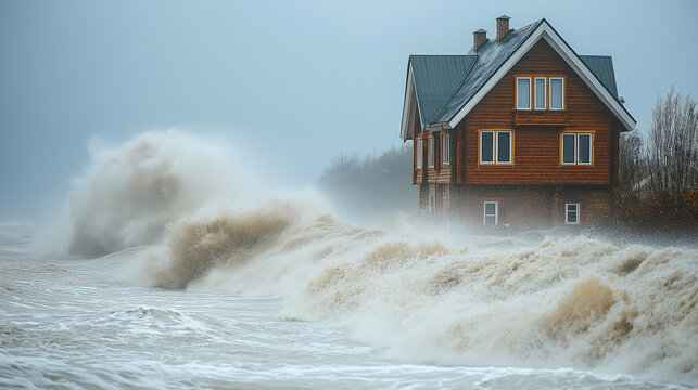 Massive storm waves hitting coastal house