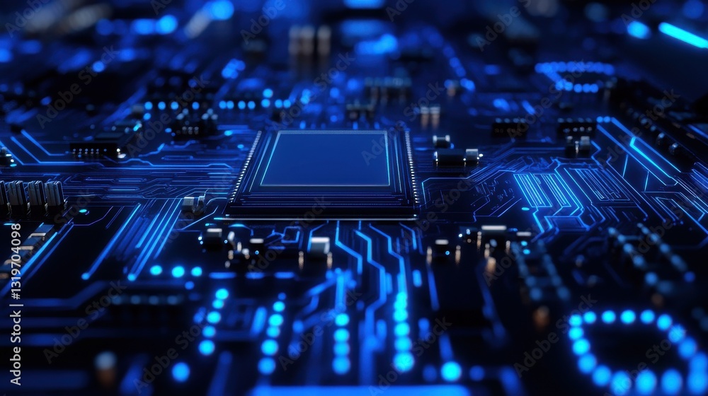 Poster abstract blue circuit background. hardware, chip and computing concept. 3d rendering.