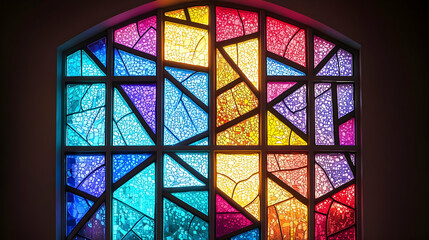 Vibrant Stained Glass Window With Geometric Shapes in a Church Illuminated By Bright Light