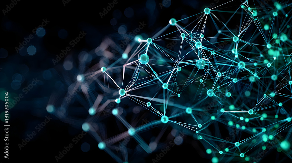 Poster abstract network of connected nodes with teal and white lighting against black background