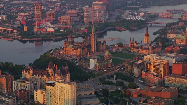 AERIAL Parliament Hill and Downtown Ottawa at sunrise