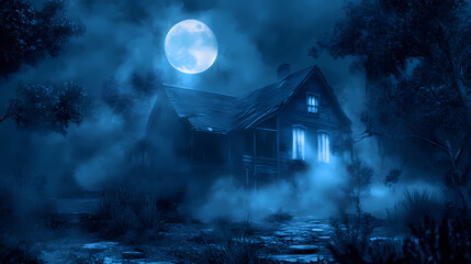 Haunting moonlit house with glowing windows in fog, showcasing eerie atmosphere and ghostly presence in a chilling color palette of blues. Ghostly Luminescence. Illustration