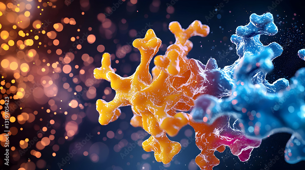 Poster abstract molecular structure illustration with bright orange and blue colors and particle bokeh back