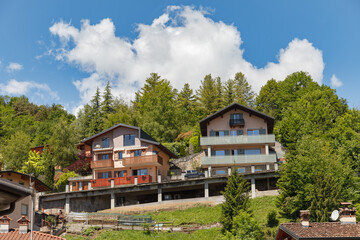 Mountain village Ardesio. Aerial view. Lombardia, Italia.