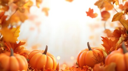 Thanksgiving Day celebration banner featuring realistic pumpkins and vibrant fall foliage for seasonal decorations and online promotions