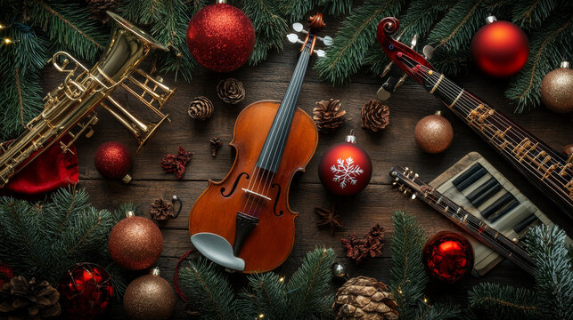 A vertical image showcasing musical instruments accompanied by Christmas ornaments, capturing a festive musical theme