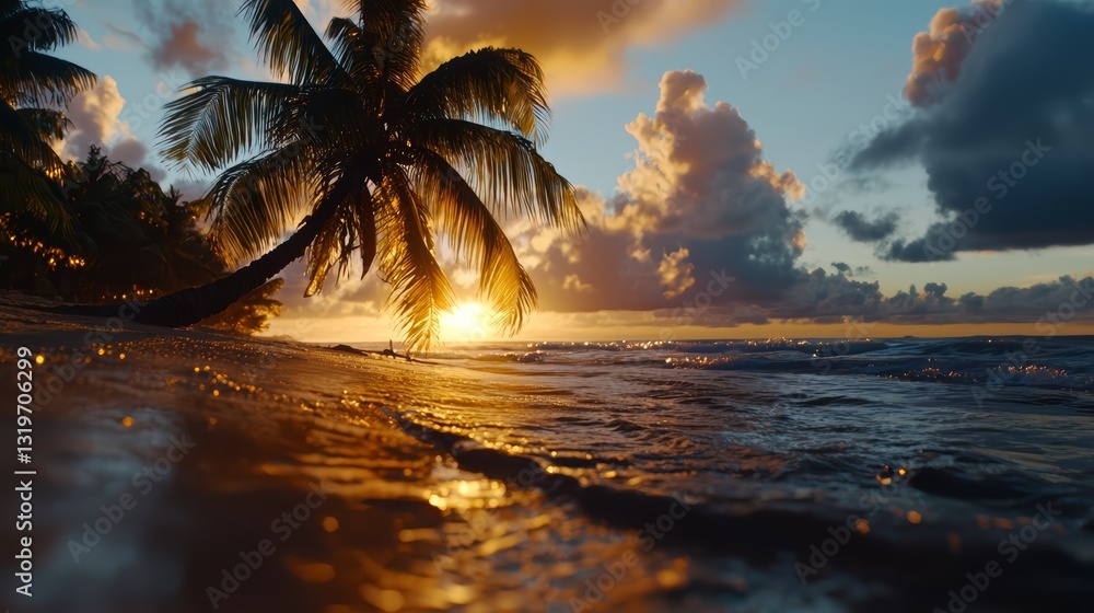 Aufkleber beautiful sunset over the ocean with a palm tree in the foreground. the sky is filled with clouds, c