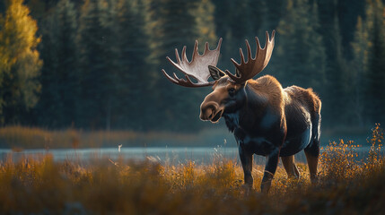 Majestic moose in autumnal forest landscape with golden light elk sun deer fall wild woods horns