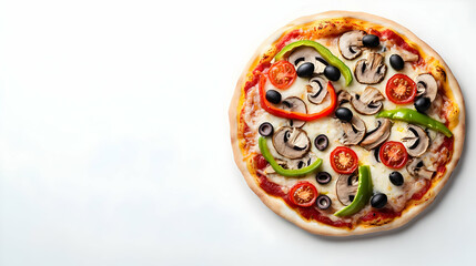 Delicious Freshly Baked Vegetarian Pizza With Colorful Toppings On A White Background With Copy Space
