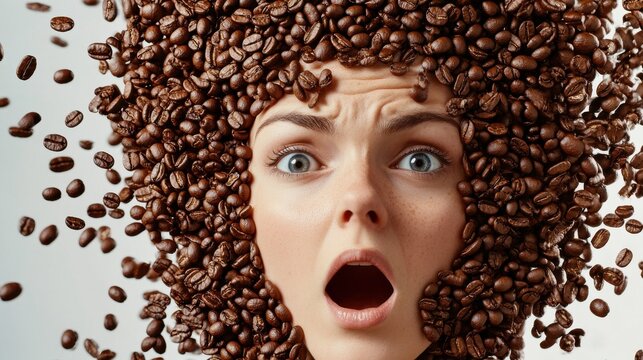 Stunned woman with many coffee beans around her sticks head has stunned expression prepares cosmetic product or refreshing aromatic beverage. Roasted caffeine seeds. Female face drowned in seeds