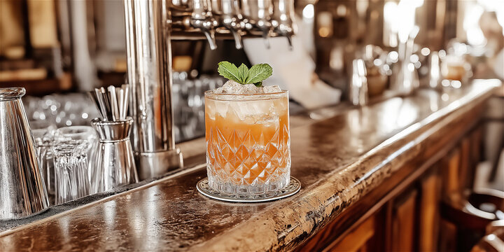 Classic cocktail bar scene with vintage glasses and amber spirits. Rich wooden backdrop and sophisticated glassware capture the essence of drinking culture.