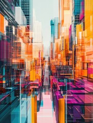 Colorful geometric cityscape design with pixelated patterns and digital shapes, representing a vibrant urban landscape in a digital world