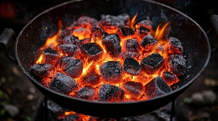 Glowing charcoal embers burning in outdoor brazier