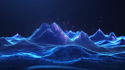 Abstract digital mountains range landscape with glowing light dots against a technology blue background. Futuristic low poly wireframe illustration conveying data mining and management concept.