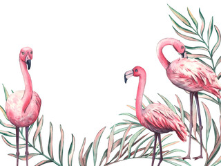 Watercolor frame of palm branches and pink flamingo with space for text. Exotic African animal isolated on white background. Tropical template for design of cards and invitation
