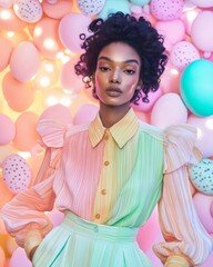 Fototapeta premium Fashion model posing with easter balloons and pastel colors. Generative ai illustrations