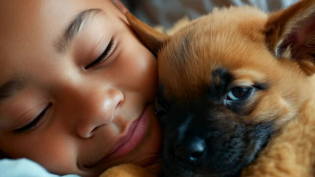 A little girl tenderly hugs her puppy and lies on the bed in a bright bedroom in the morning. Friendship concept between child and pet, copy space for text
