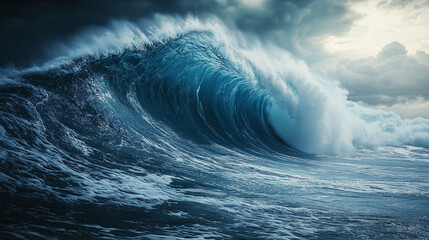 Giant ocean wave crashing during a storm
