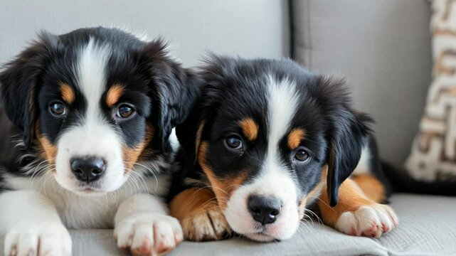Two cute bernese mountain dog puppies lying on a gray sofa