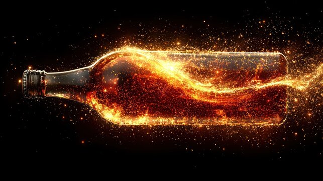 Mystical elixir, a bottle shimmering with golden energy on dark background