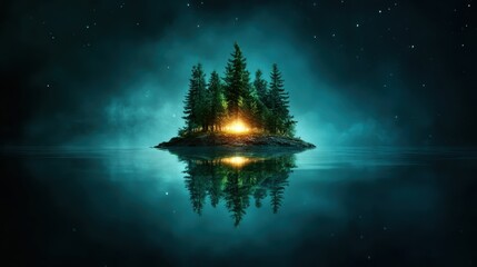 A mystical island emerges with a softly glowing forest surrounded by water, evoking a sense of wonder and intrigue, transporting the viewer to a magical realm.