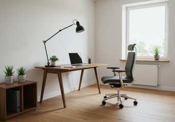 A modern minimalist home office featuring a sleek wooden desk with a black laptop, stylish ergonomic chair and small potted plants