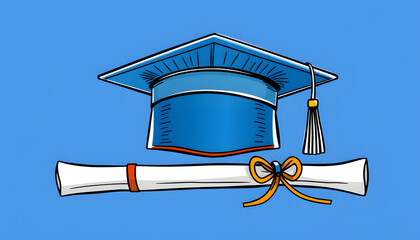 Sophisticated blue graduation cap and diploma setup, representing educational success and commencement milestones , with white tonespng