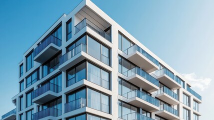 Modern apartment building exterior with panoramic windows and balconies in Scandinavian style under blue sky, showcasing contemporary residential design and urban real estate concept.