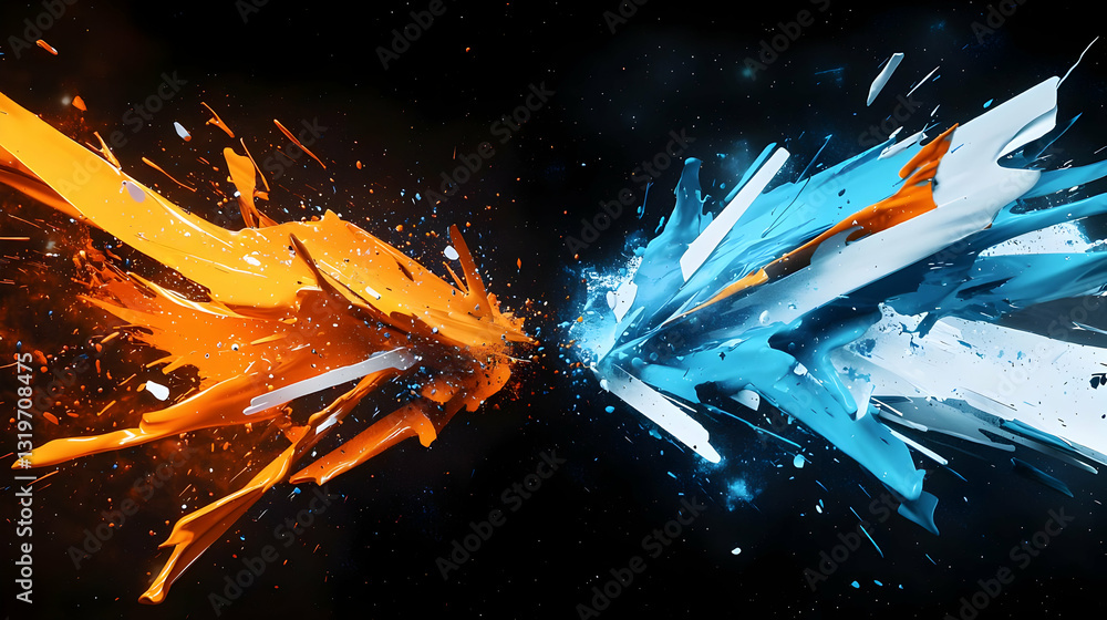 Poster abstract 3d render of orange and blue particles exploding and colliding in a dynamic energetic displ