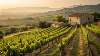 Fototapeta premium Beautiful vineyard landscape at sunset with rolling hills and a rustic house 