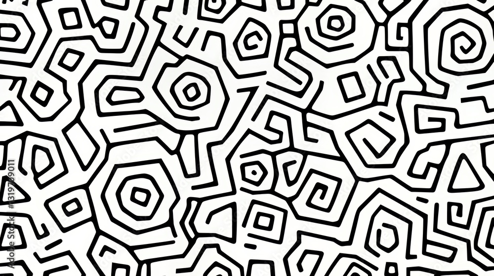 Poster black and white abstract painting with a lot of circles and squares. the painting is very detailed a