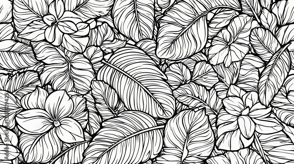 Poster black and white drawing of a forest with many leaves and flowers. the drawing is very detailed and h