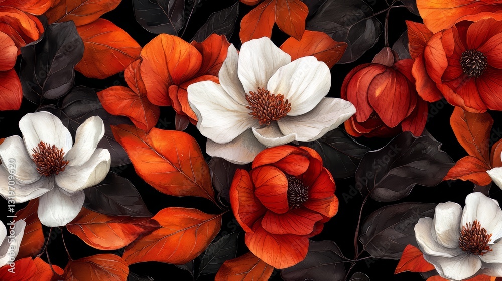 Aufkleber Black and white floral pattern with red and white flowers. The flowers are arranged in a way that creates a sense of depth and movement. The black and white color scheme adds a timeless