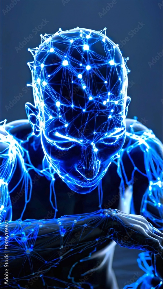 Poster neural network connections glowing and spreading across transparent human anatomy, visualizing advan