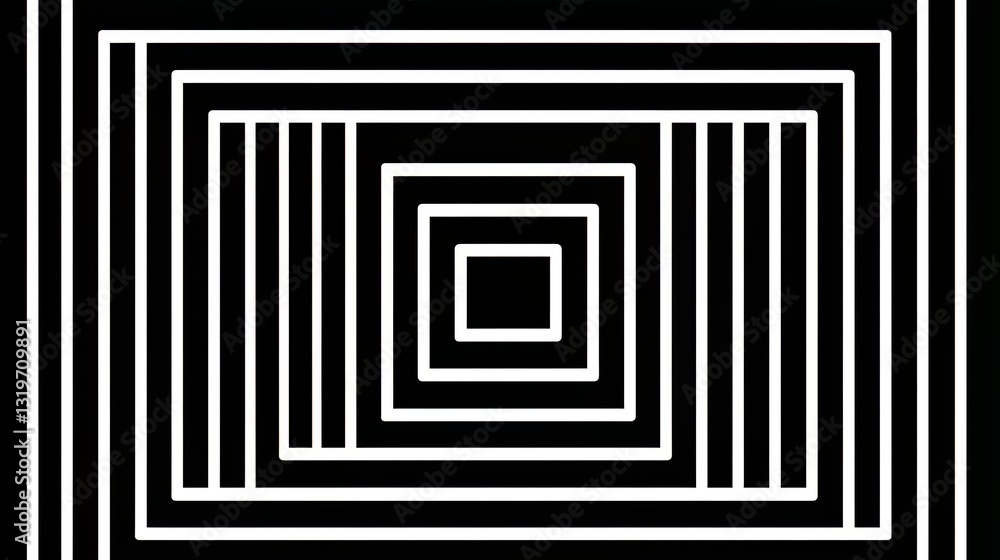 Poster Black and white image of a series of squares and rectangles. The squares are all different sizes and are arranged in a way that creates a sense of depth and movement. The image has a minimalist