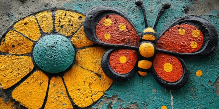 Colorful butterfly on urban wall city street mural bright day