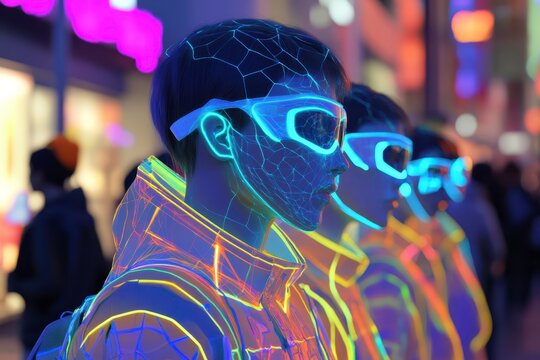 Digital future concept of man in virtual reality glasses and futuristic neon suit. Metaverse augmented reality technology for banner, social media and advertising