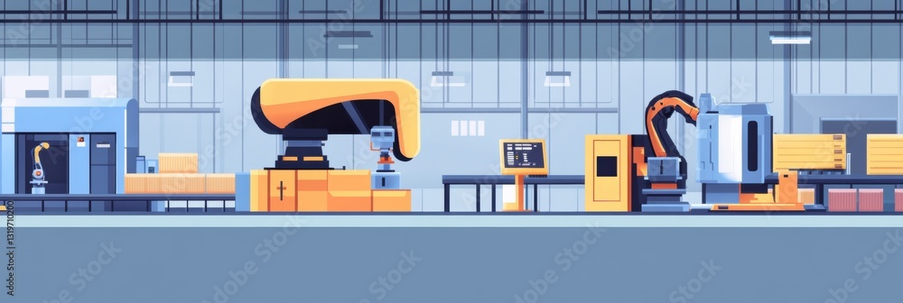 Poster automated factory showcasing advanced robotic machines and ai controlling production processes for e