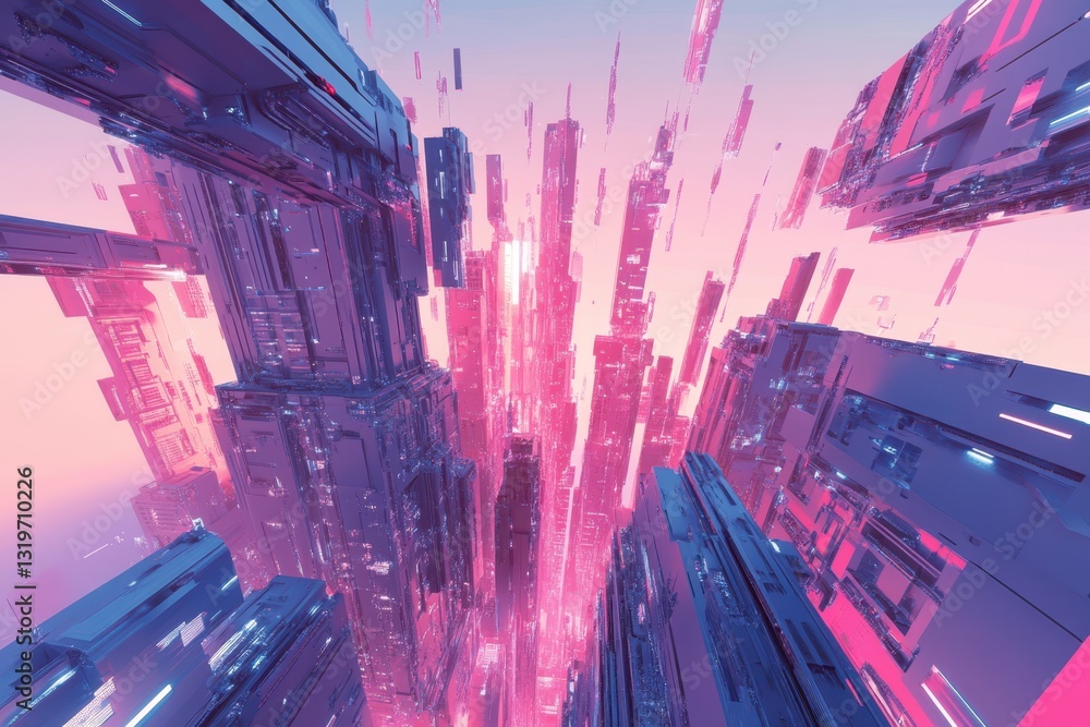 Poster abstract violet futuristic cityscape with perspective view. digital science fiction metropolis archi